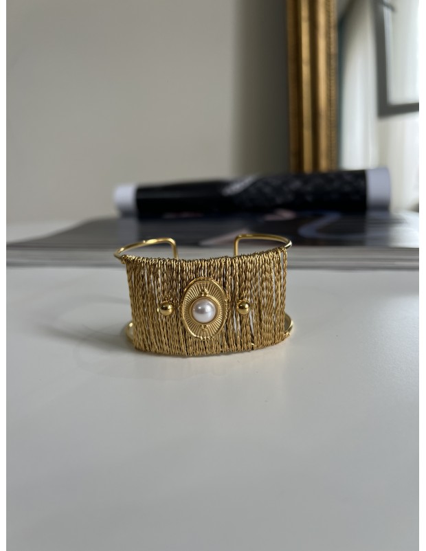 Pervin Çelik Vip Seri Hasır İnci Detaylı Gold Kelepçe Bileklik