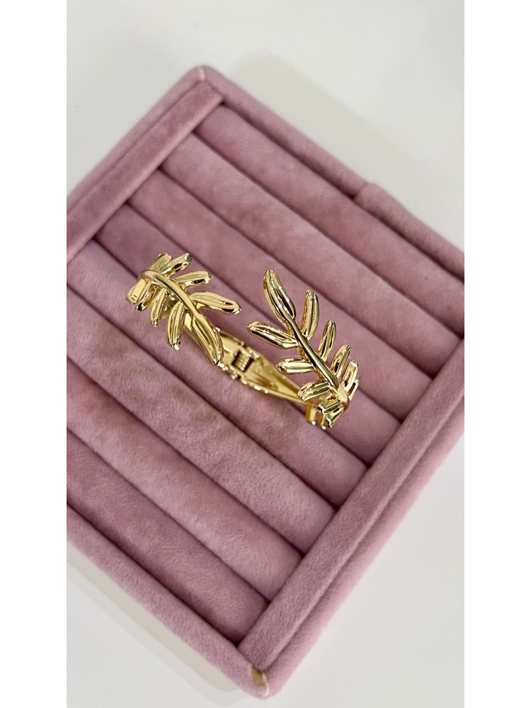 Pervin Çelik Gold Vintage Yaprak Desenli Çelik Kelepçe