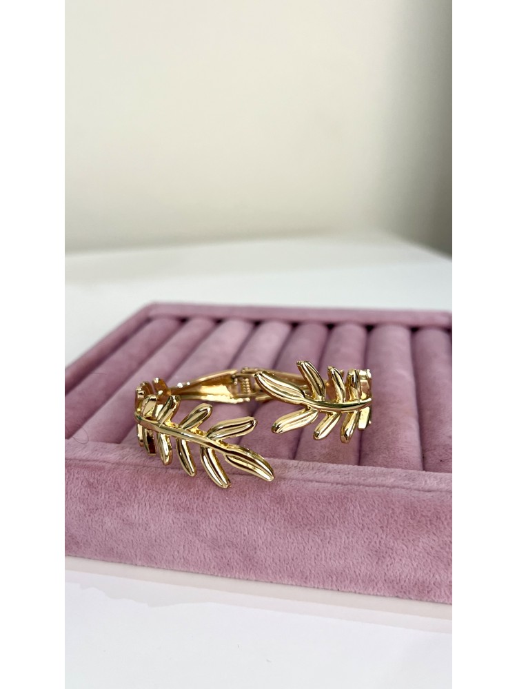 Pervin Çelik Gold Vintage Yaprak Desenli Çelik Kelepçe