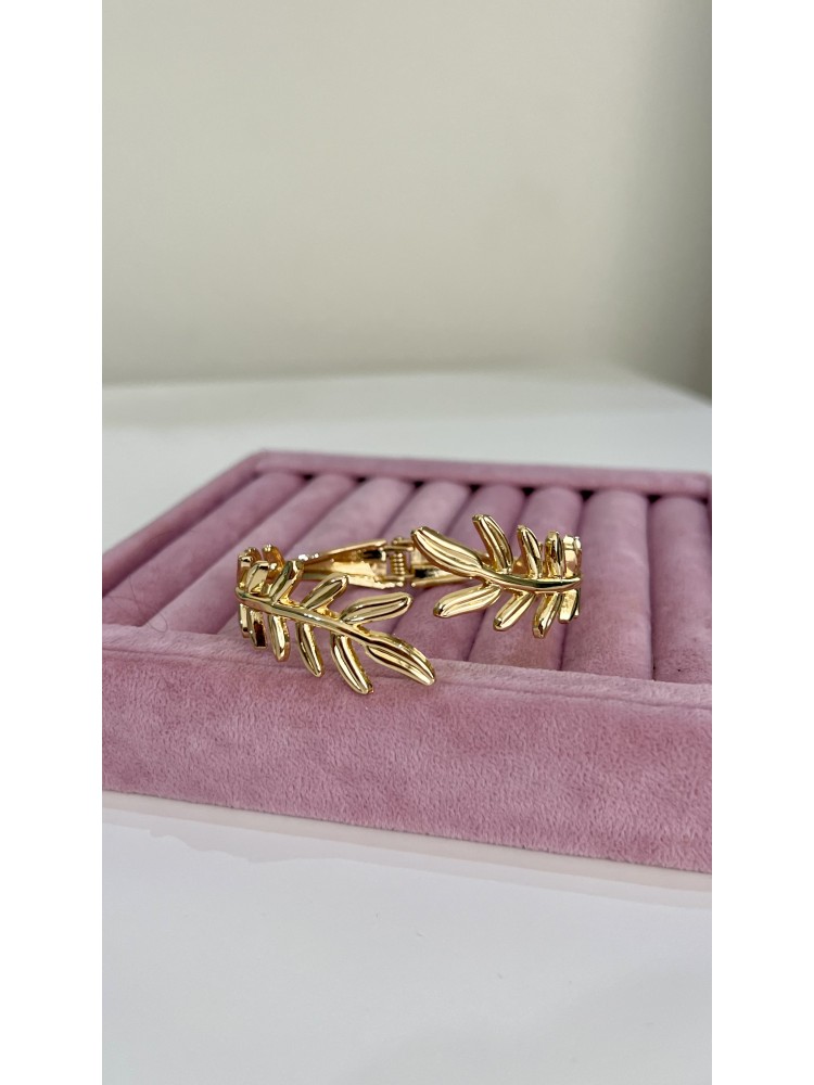 Pervin Çelik Gold Vintage Yaprak Desenli Çelik Kelepçe