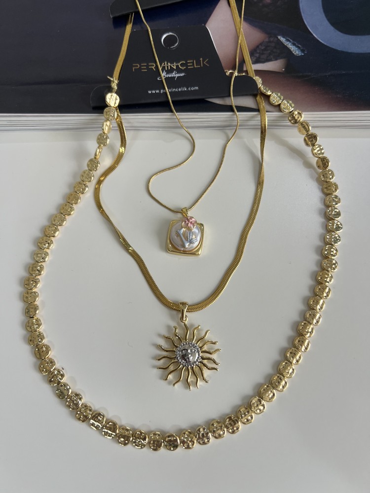 Pervin Çelik Vintage  3'Lü Kombin Tasarım Çelik Kolye Set