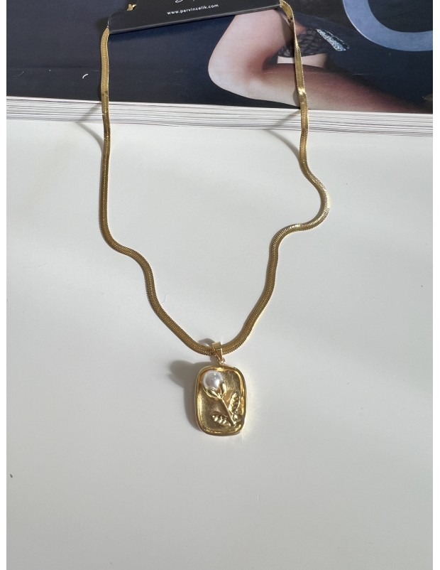 Pervin Çelik Vintage İnci Detaylı Lale Figürlü Çelik Kolye