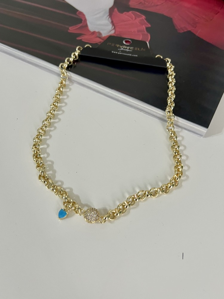 Pervin Çelik Gold Özel Vip Seri Mavi Taş Detaylı Tasarım  Kolye