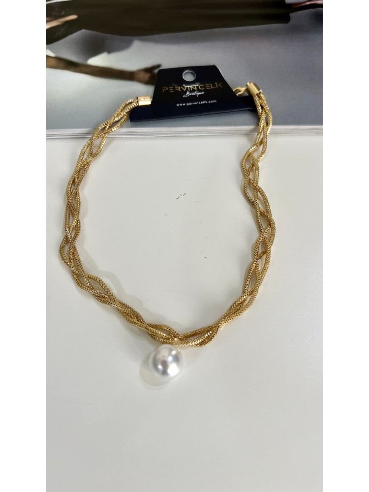 Pervin Çelik Kadın Gold İncili Çoklu Zincir Geçmeli Çelik Kolye