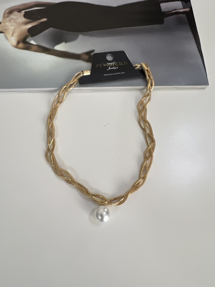 Pervin Çelik Kadın Gold İncili Çoklu Zincir Geçmeli Çelik Kolye