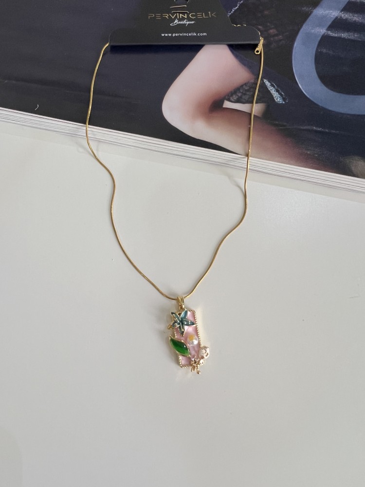 Pervin Çelik Vintage  Çiçek Detaylı Lale Figürlü Çelik Kolye