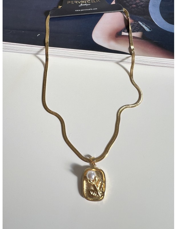 Pervin Çelik Vintage İnci Detaylı Lale Figürlü Çelik Kolye