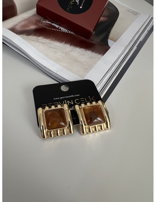 Vintage Kahverengi Gold Tasarım Hafif Tarz Küpe