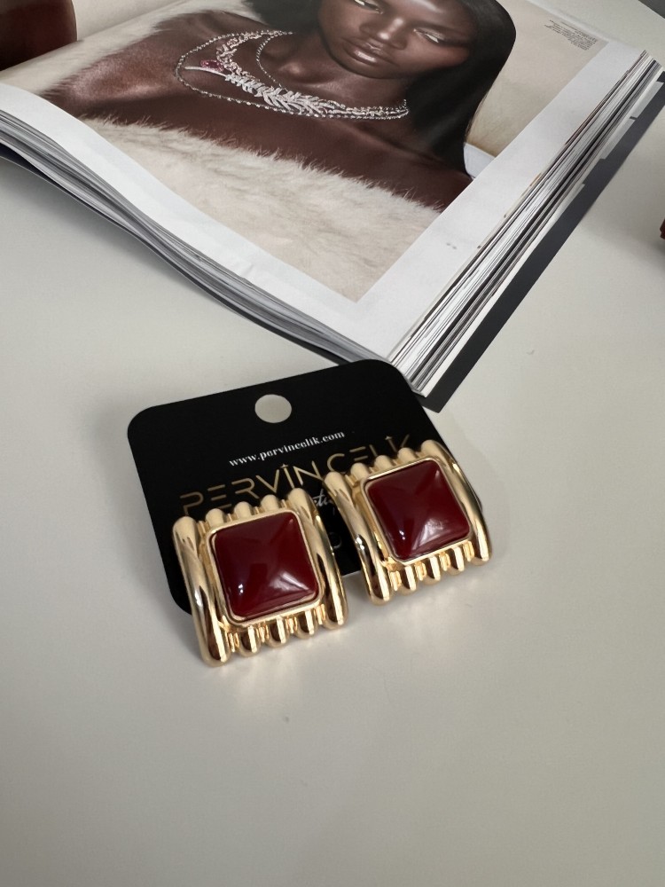 Premium Kalite Bordo İnci Detaylı Vintage Küpe