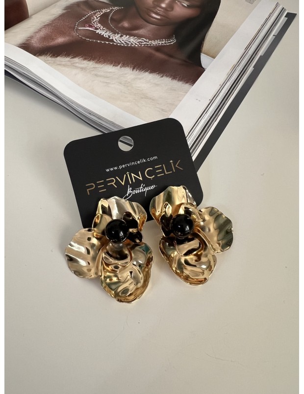 Premium Kalite Gold Bordo İnci Detaylı Çiçek Küpe