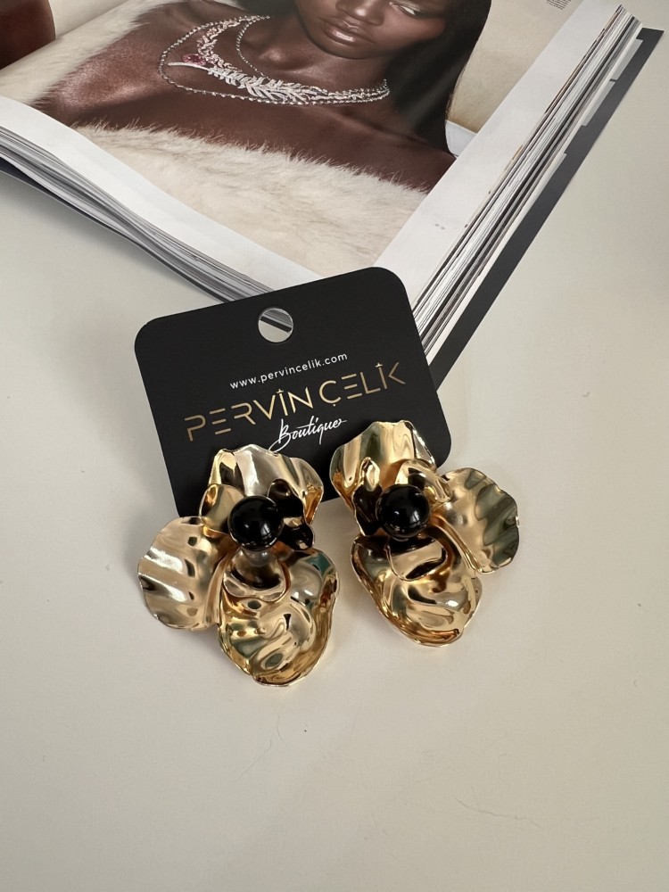 Premium Kalite Gold Bordo İnci Detaylı Çiçek Küpe