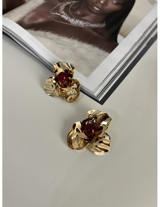 Premium Kalite Gold Bordo İnci Detaylı Çiçek Küpe