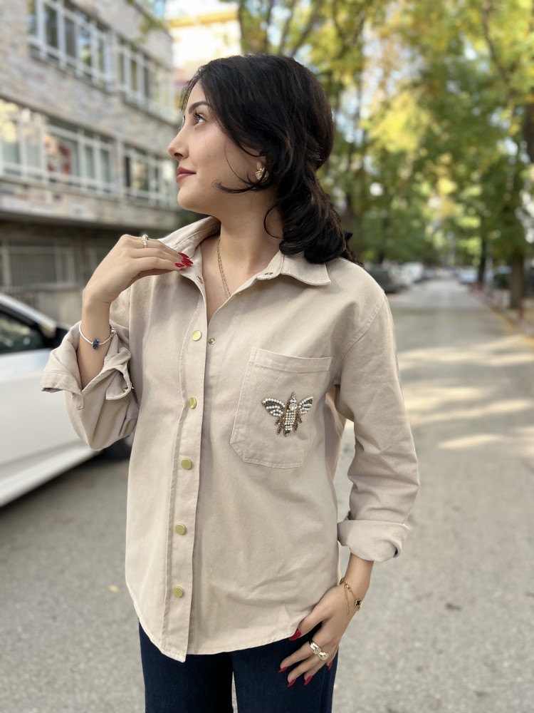 Vizon Orijinal Marka Arı Taş Detaylı Kot Gömlek Ceket