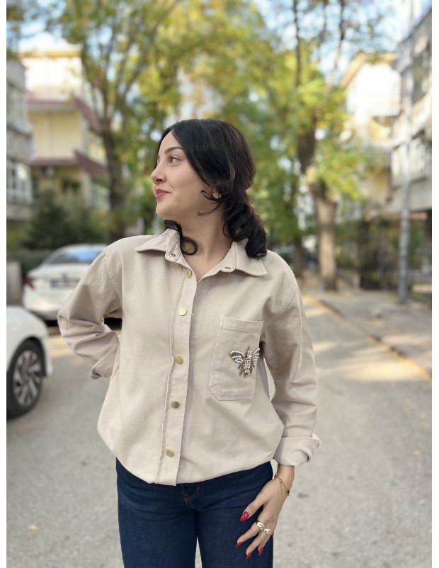 Vizon Orijinal Marka Arı Taş Detaylı Kot Gömlek Ceket