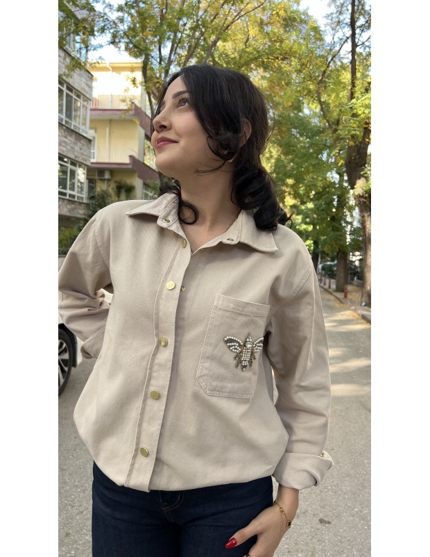 Vizon Orijinal Marka Arı Taş Detaylı Kot Gömlek Ceket