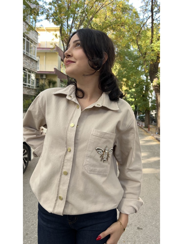 Vizon Orijinal Marka Arı Taş Detaylı Kot Gömlek Ceket