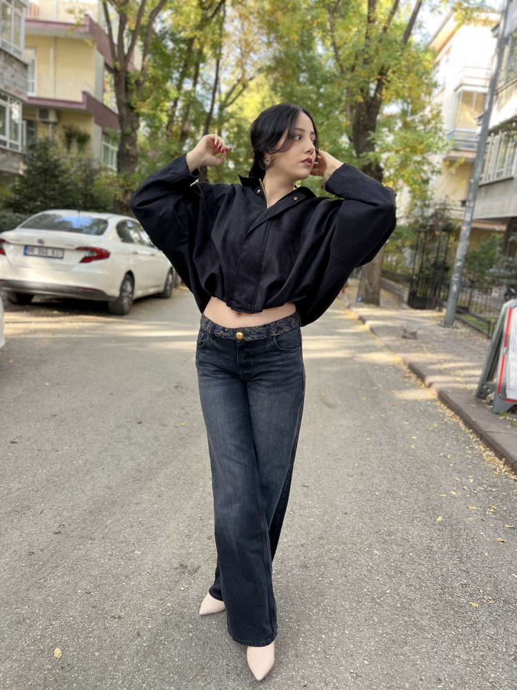 Siyah Tasarım Yarasa Bomber Ceket