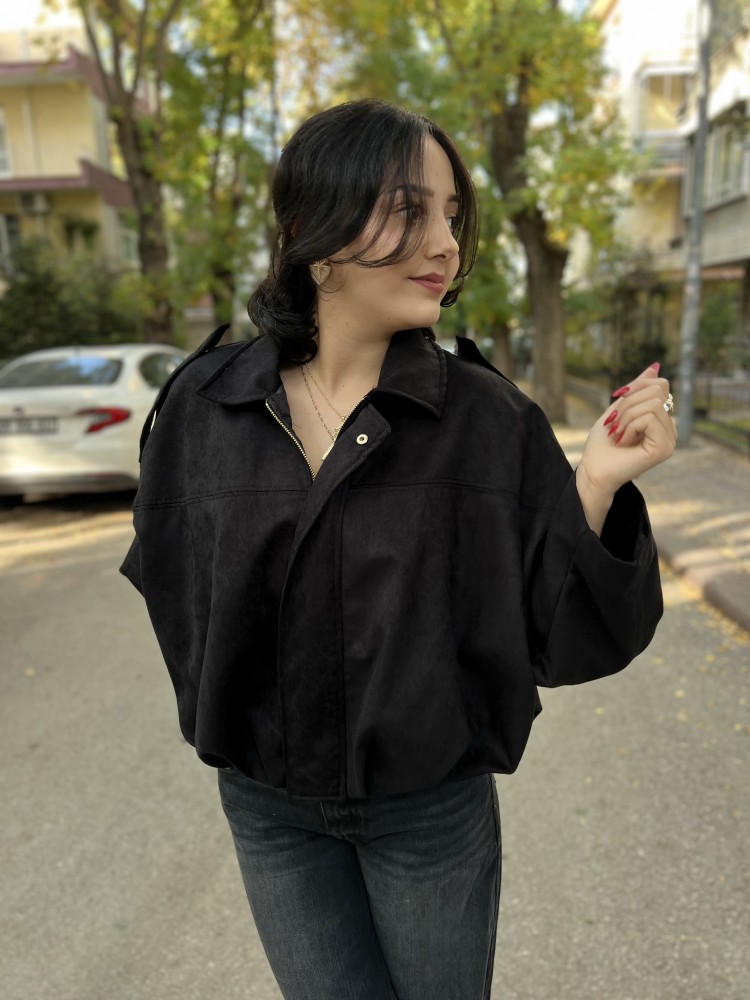 Siyah Tasarım Yarasa Bomber Ceket