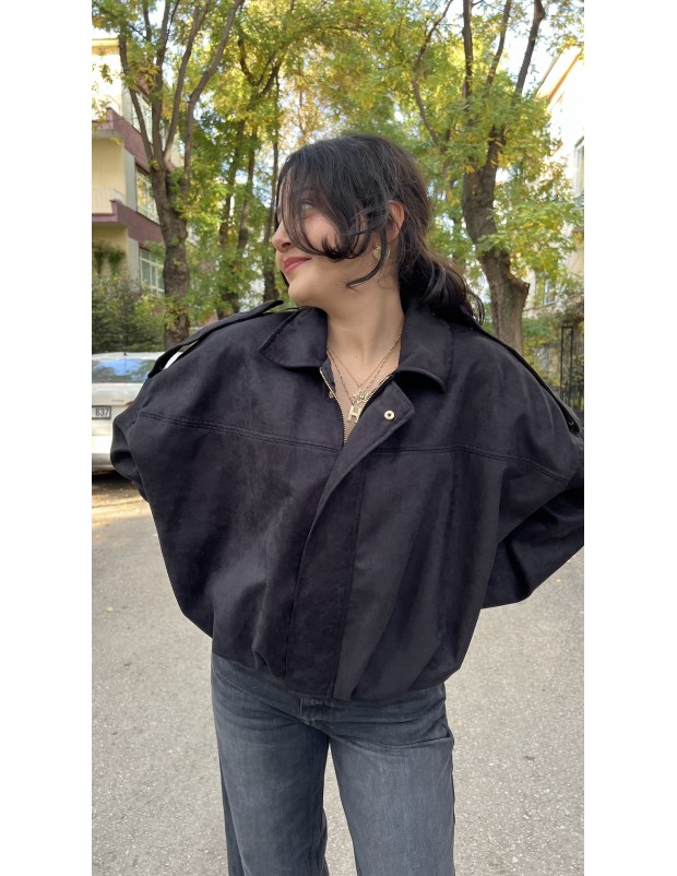 Siyah Tasarım Yarasa Bomber Ceket