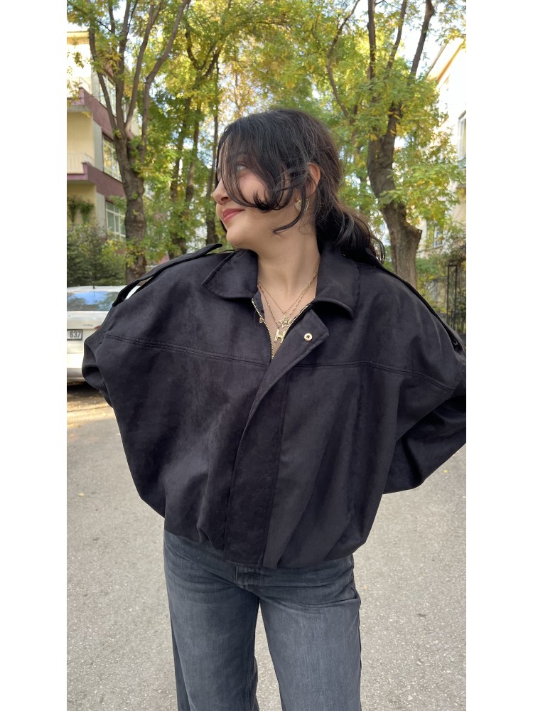 Siyah Tasarım Yarasa Bomber Ceket