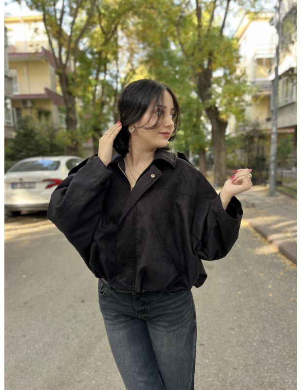 Siyah Tasarım Yarasa Bomber Ceket