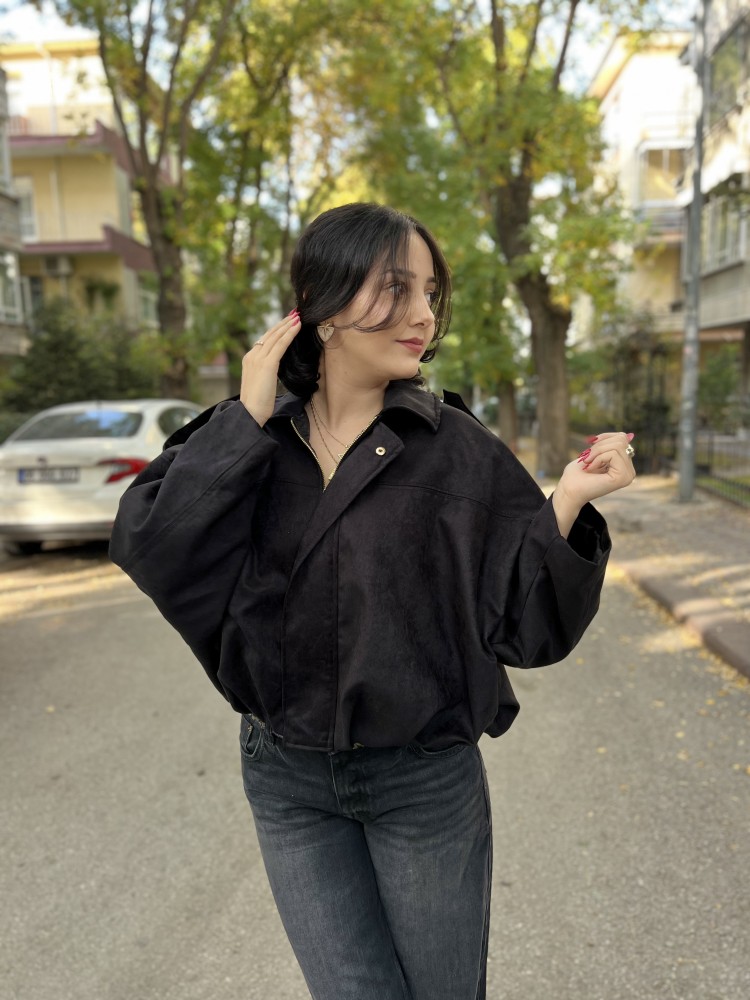 Siyah Tasarım Yarasa Bomber Ceket