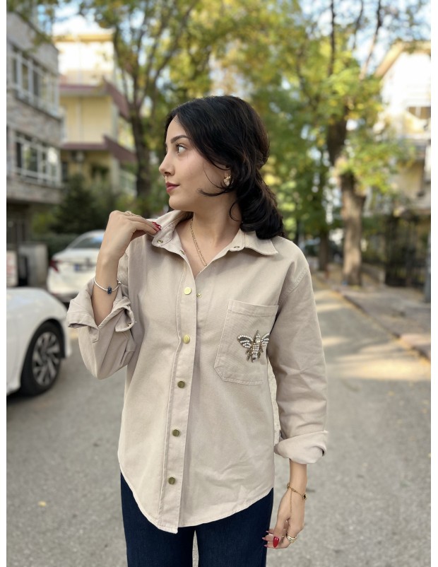 Vizon Orijinal Marka Arı Taş Detaylı Kot Gömlek Ceket