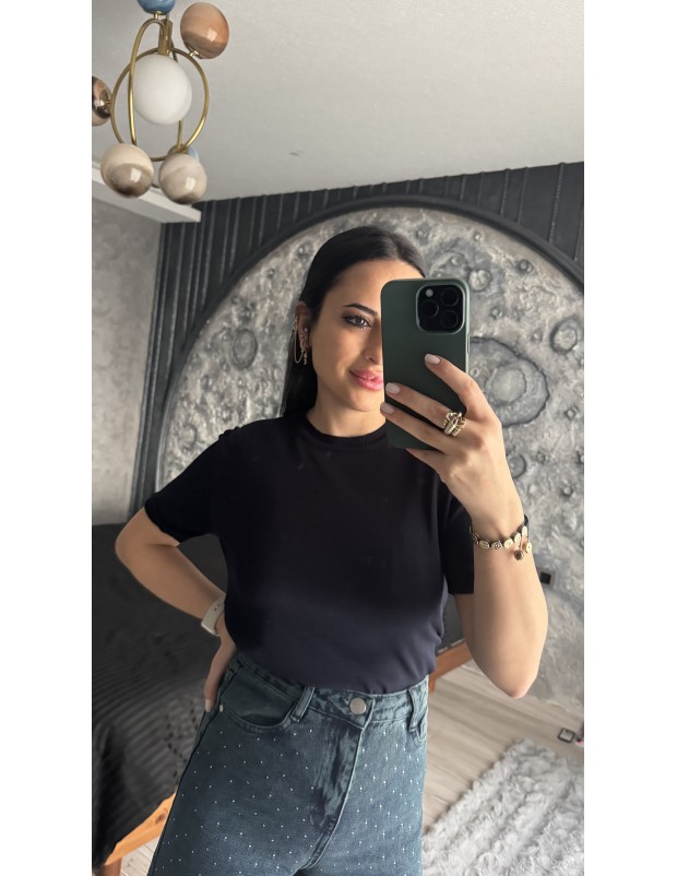 Pervin Çelik Kadın Premium Kalite Lacivert Merserize Kısa Kollu Triko Bluz