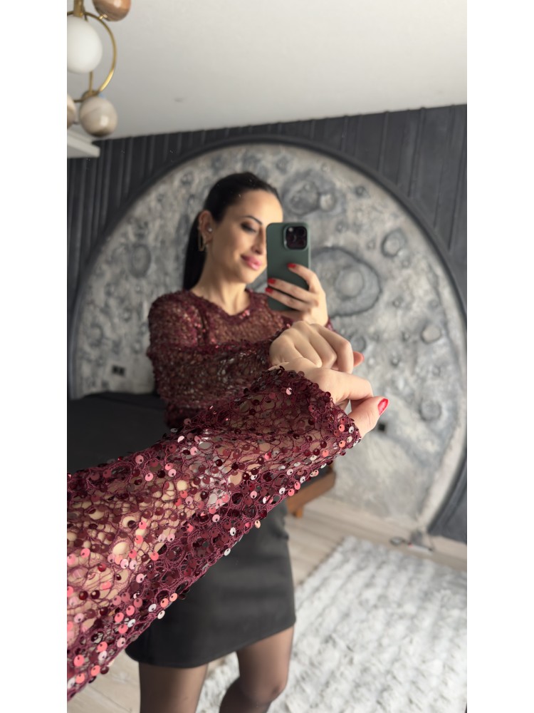 Pervin Çelik Premium Kalite Bordo Pul Detaylı Transparan Bluz