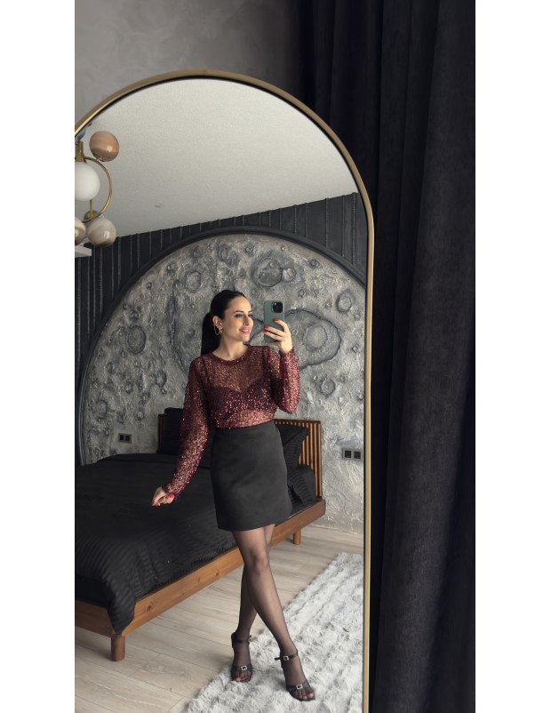 Pervin Çelik Premium Kalite Bordo Pul Detaylı Transparan Bluz