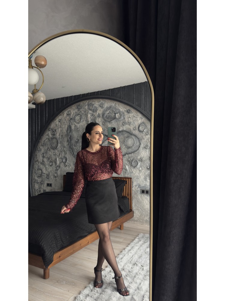 Pervin Çelik Premium Kalite Bordo Pul Detaylı Transparan Bluz
