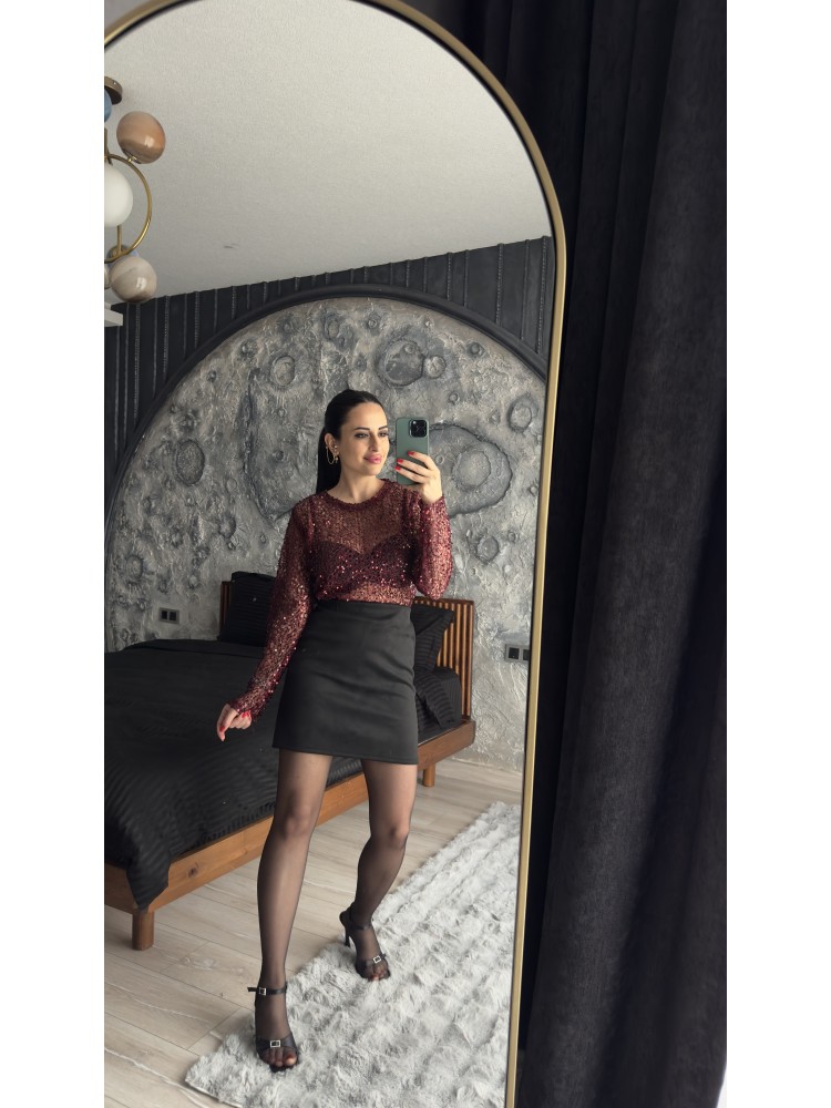Pervin Çelik Premium Kalite Bordo Pul Detaylı Transparan Bluz