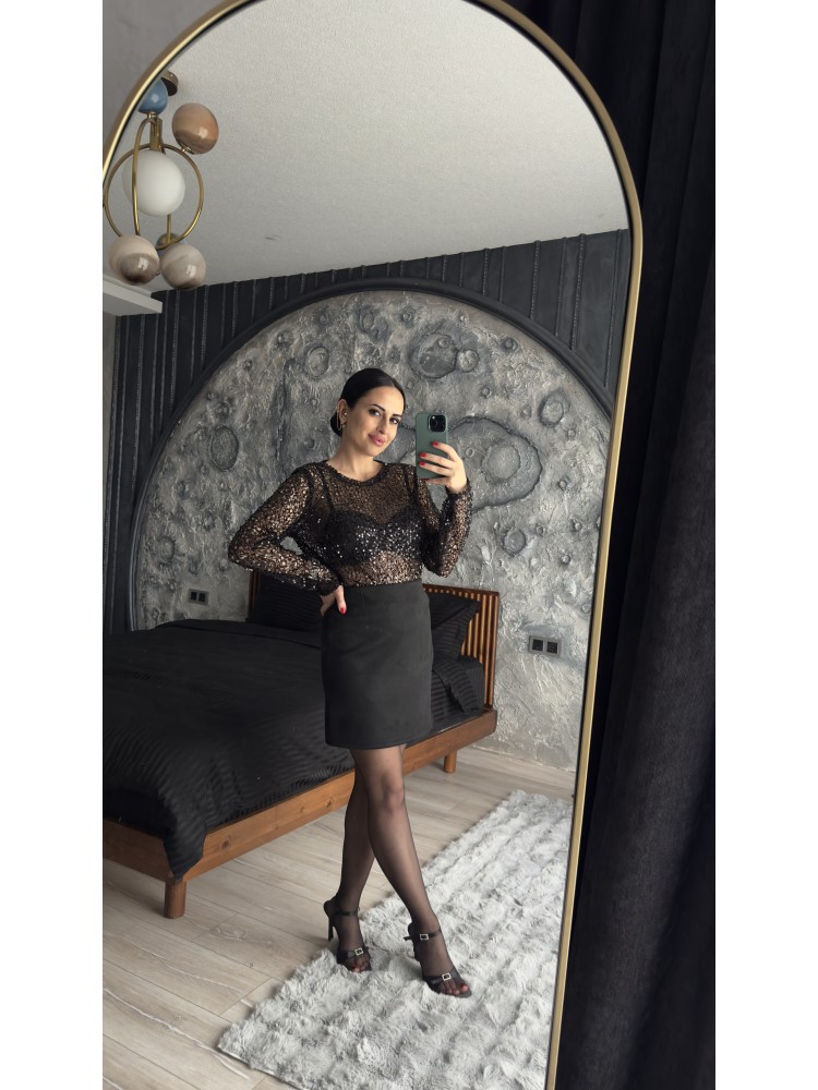Pervin Çelik Premium Kalite Siyah Pul Detaylı Transparan Bluz