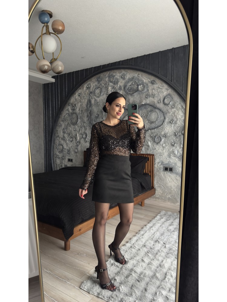 Pervin Çelik Premium Kalite Siyah Pul Detaylı Transparan Bluz