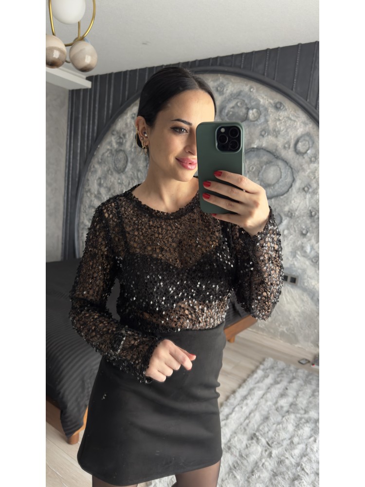 Pervin Çelik Premium Kalite Siyah Pul Detaylı Transparan Bluz