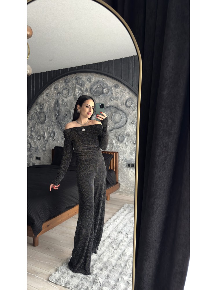 Pervin Çelik Premium Kalite Siyah Simli Kayık Yaka Bluz