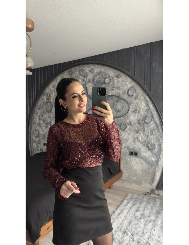 Pervin Çelik Premium Kalite Bordo Pul Detaylı Transparan Bluz
