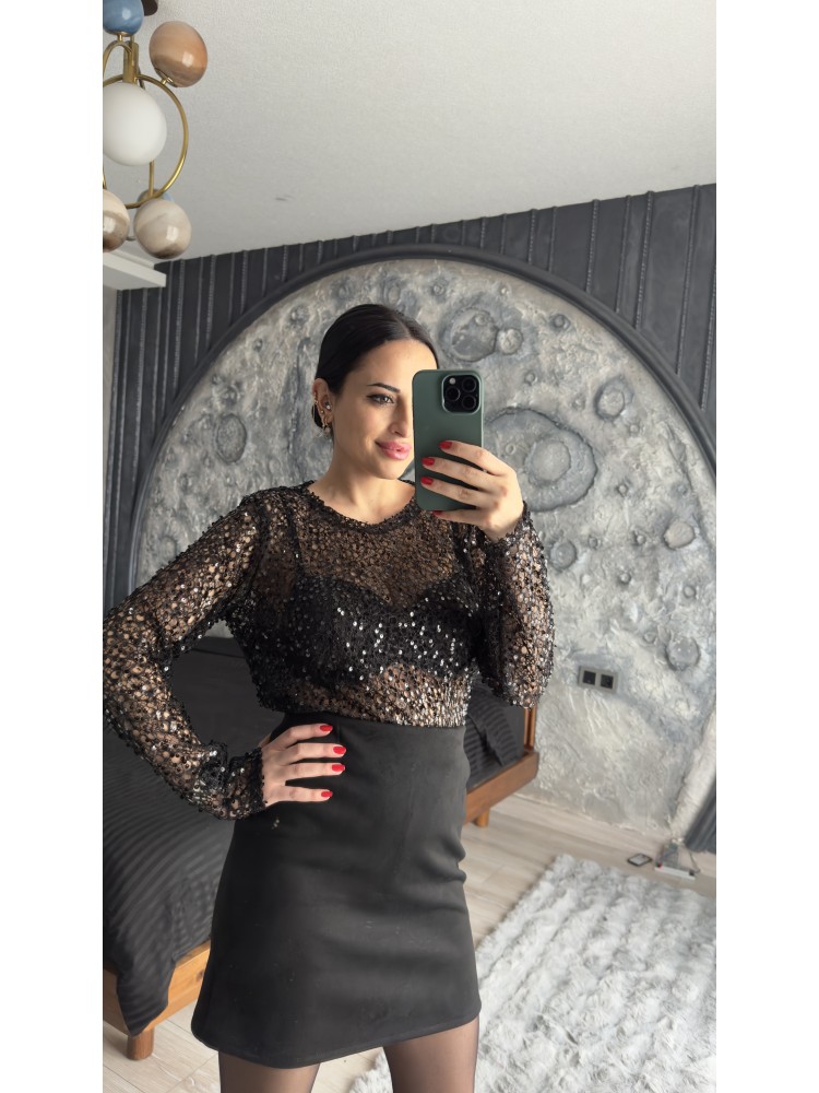 Pervin Çelik Premium Kalite Siyah Pul Detaylı Transparan Bluz