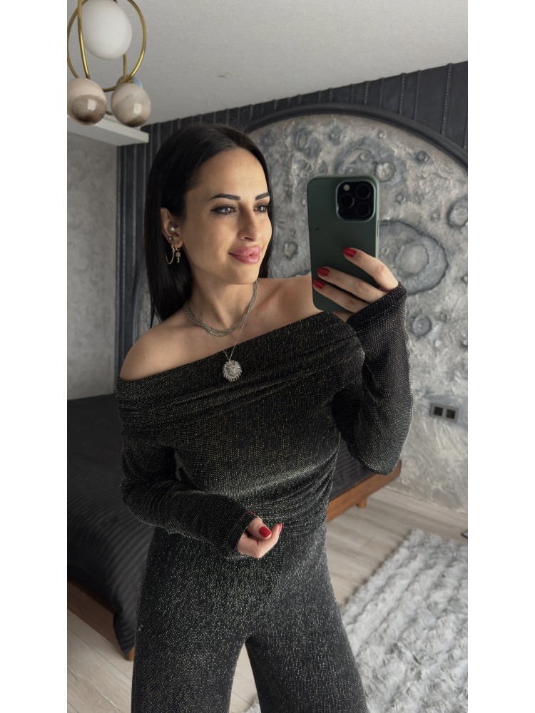 Pervin Çelik Premium Kalite Siyah Simli Kayık Yaka Bluz