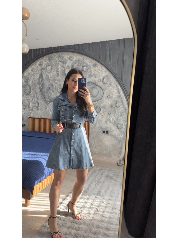 Pervin Çelik Kadın Premium Kalite Mavi Yıkamalı Kemerli Volanlı Jean Elbise