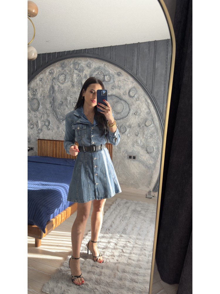 Pervin Çelik Kadın Premium Kalite Mavi Yıkamalı Kemerli Volanlı Jean Elbise