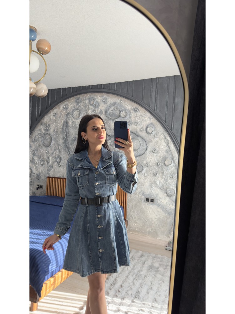Pervin Çelik Kadın Premium Kalite Mavi Yıkamalı Kemerli Volanlı Jean Elbise