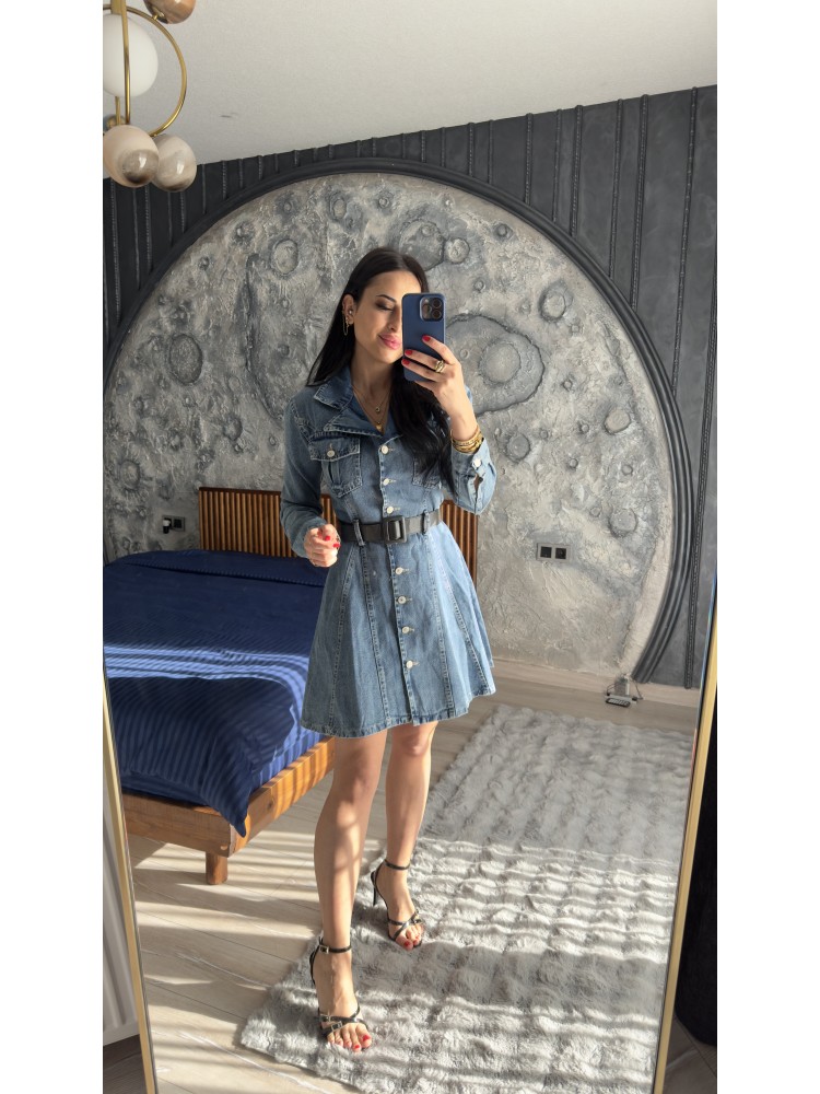 Pervin Çelik Kadın Premium Kalite Mavi Yıkamalı Kemerli Volanlı Jean Elbise