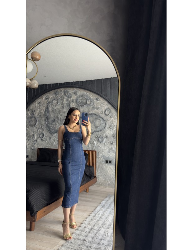 Pervin Çelik Kadın Premium Kalite Mavi Askılı Yırtmaç Detaylı Likralı Jean Elbise