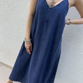 Pervin Çelik Premium Kalite Mavi Askılı Uzun Jean Elbise