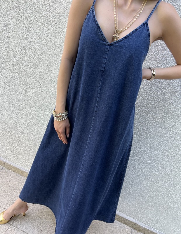 Pervin Çelik Premium Kalite Mavi Askılı Uzun Jean Elbise