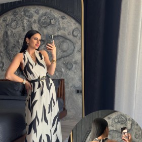 Premium Kalite Siyah Vizon Desenli Halter Yaka Elbise