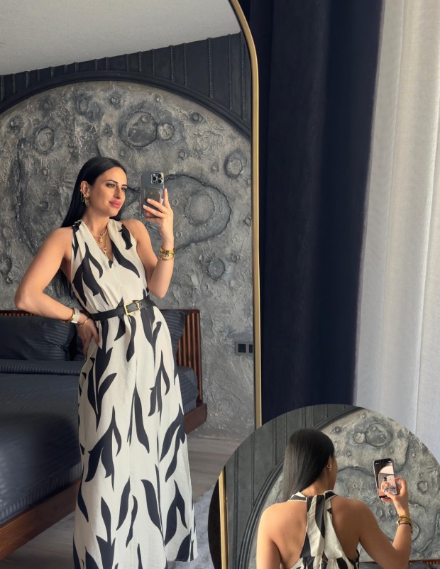 Premium Kalite Siyah Vizon Desenli Halter Yaka Elbise