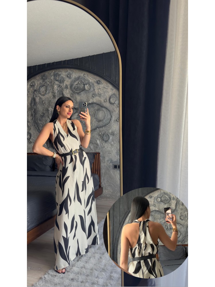Premium Kalite Siyah Vizon Desenli Halter Yaka Elbise