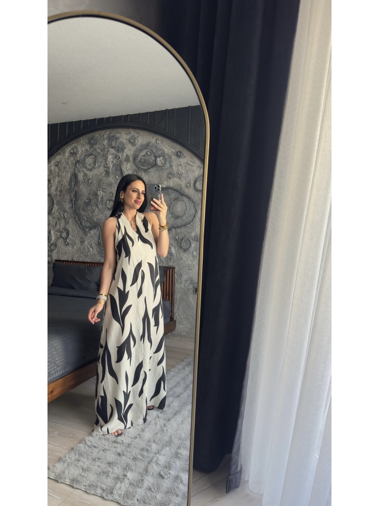 Premium Kalite Siyah Vizon Desenli Halter Yaka Elbise